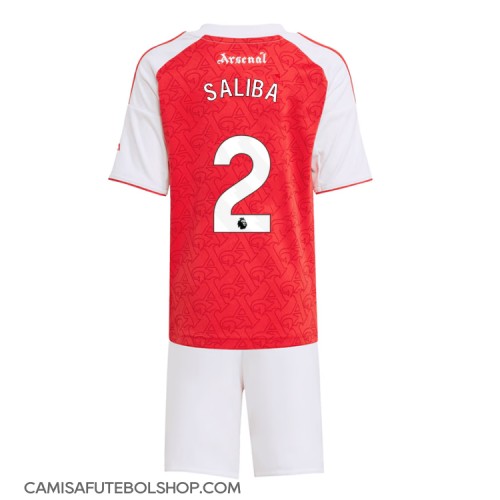 Camisa de time de futebol Arsenal William Saliba #2 Replicas 1º Equipamento Infantil 2025-26 Manga Curta (+ Calças curtas)